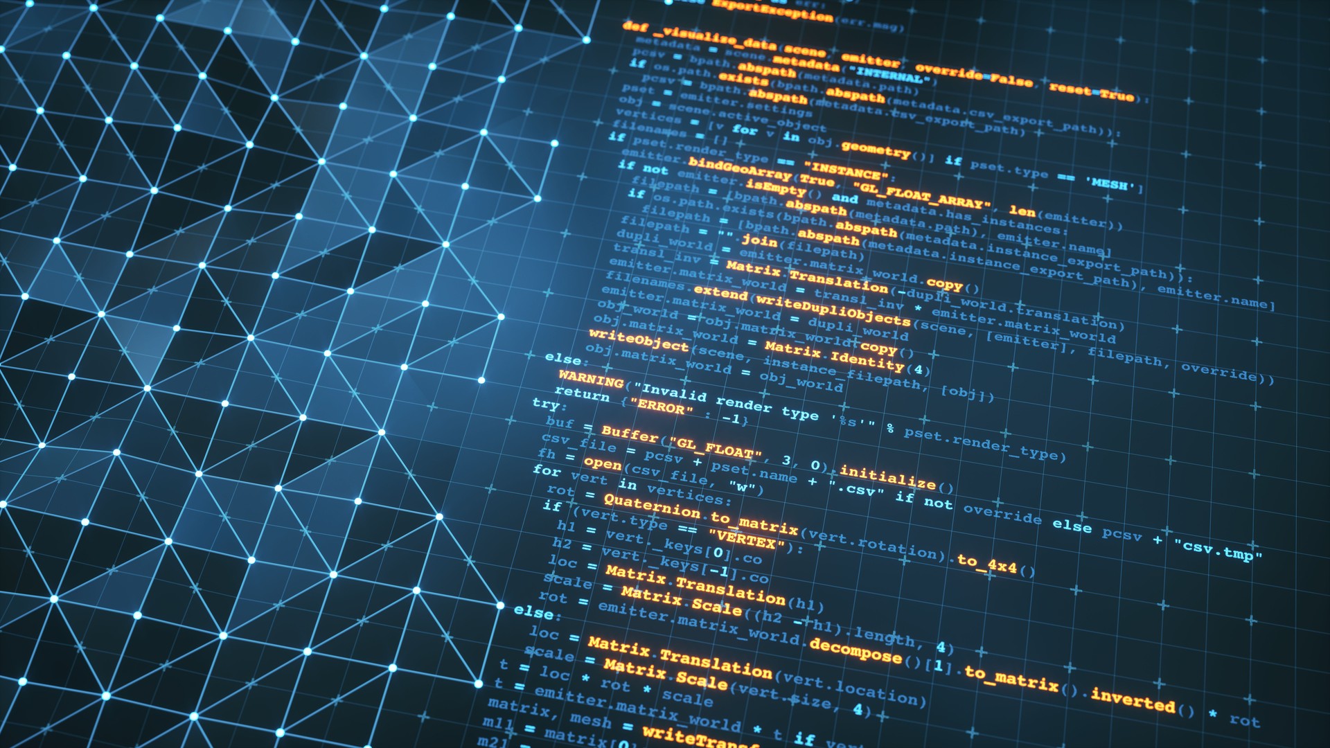 Blue and yellow Python programming code on a dark engineering blueprint grid surface.